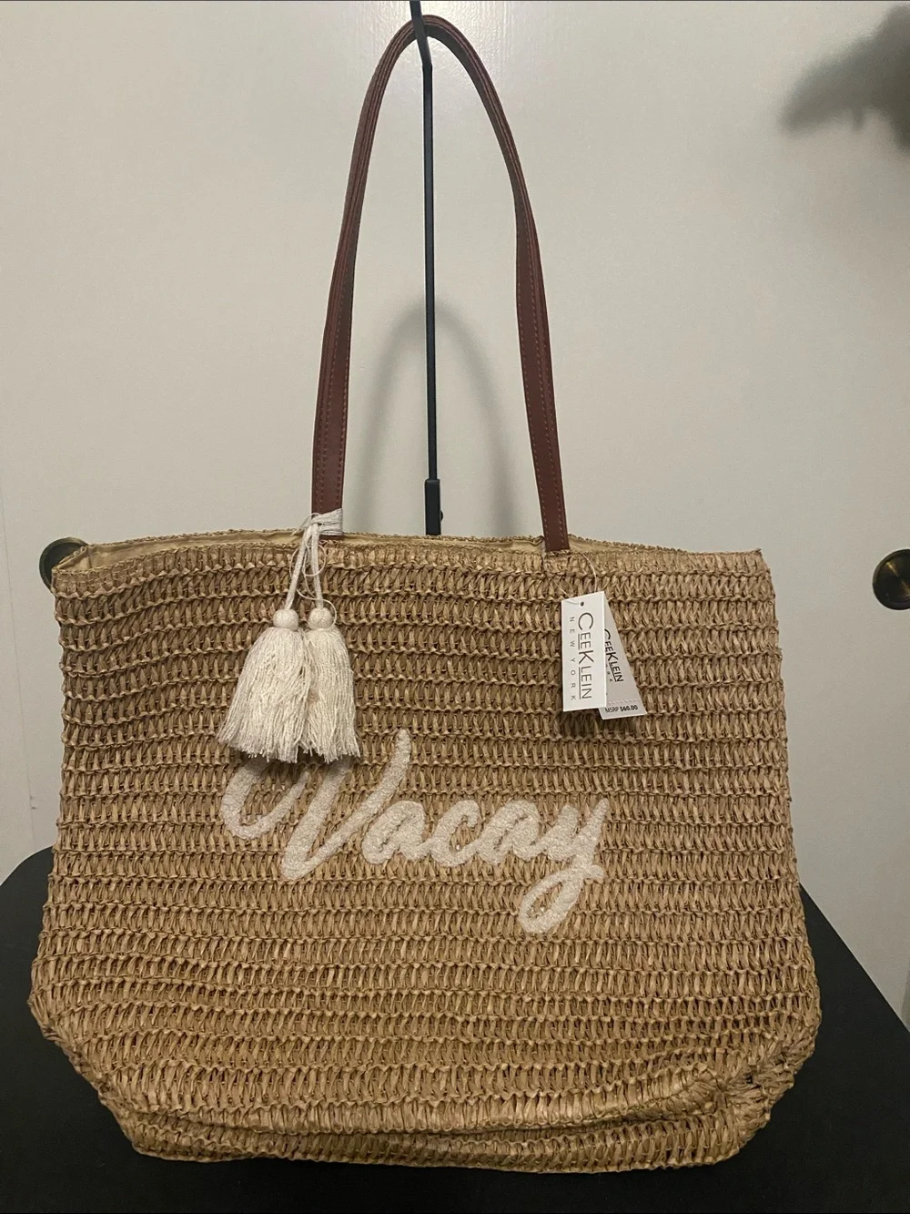 Cee Klein New York Vacay Straw Tote Bag in Natural with Brown Handles